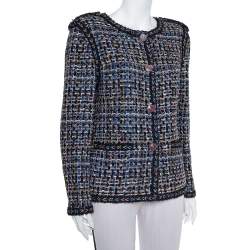Pre Owned Chanel Blue & Black Tweed Button Front Jacket XL