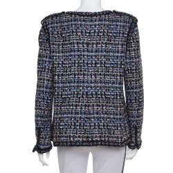 Pre Owned Chanel Blue & Black Tweed Button Front Jacket XL