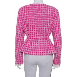 Chanel Pink Tweed Lace Trim Detail Belted Jacket XL 