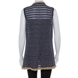 Pre Owned Chanel Navy Blue Knit Bead Embellished Hook Front Vest XL