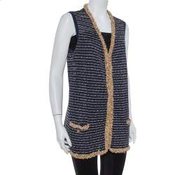Pre Owned Chanel Navy Blue Knit Bead Embellished Hook Front Vest XL