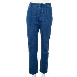 Pre Owned Chanel Navy Blue Striped Denim Tapered Leg Jeans M