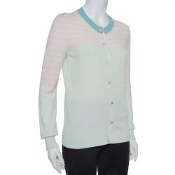 Pre Owned Chanel Green & Pink Cashmere Heart Button Detail Cardigan M