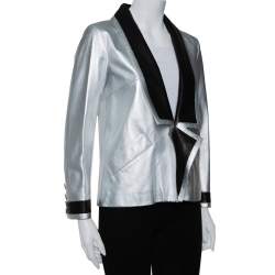 Chanel Silver Leather Contrast Trim Detail Jacket M