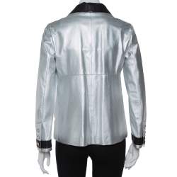 Chanel Silver Leather Contrast Trim Detail Jacket M