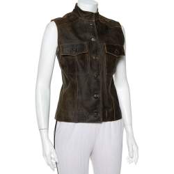 Pre Owned Chanel Vintage Dark Brown Leather Button Front Distressed Vest M