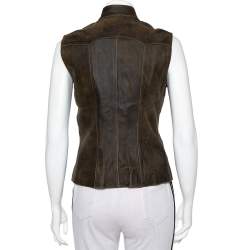 Pre Owned Chanel Vintage Dark Brown Leather Button Front Distressed Vest M