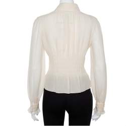 Pre Owned Chanel Cream Silk Smocked Detail Button Front Shirt S
