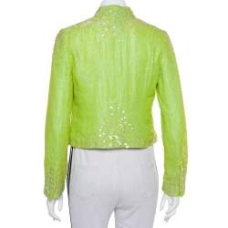 Chanel Boutique Lime Green Sequin Embellished Velvet Open Front Cropped Jacket M