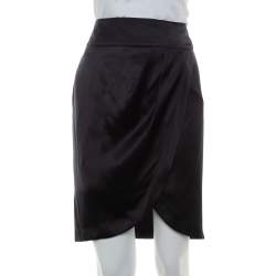 Pre Owned Chanel Black Silk Satin Faux Wrap Mini Skirt S