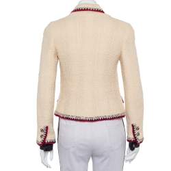 Pre Owned Chanel Cream Tweed Contrast Trim Detail Button Front Aztec Jacket M