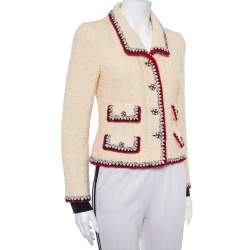 Pre Owned Chanel Cream Tweed Contrast Trim Detail Button Front Aztec Jacket M