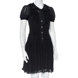 Chanel Black Knit Neck Tie Detail Button Front Mini Dress M Chanel