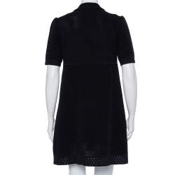 Pre Owned Chanel Black Perforated Knit Neck Tie Detail Zip Front Dress M