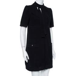 Pre Owned Chanel Black Perforated Knit Neck Tie Detail Zip Front Dress M