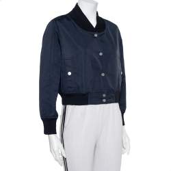 Pre Owned Chanel Navy Blue Synthetic Button Front Cropped Jacket M