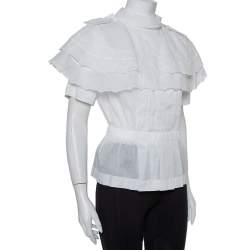 Pre Owned Chanel White Cotton Scalloped Overlay Detail Top M