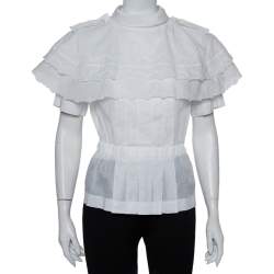 Pre Owned Chanel White Cotton Scalloped Overlay Detail Top M