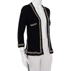 Pre Owned Chanel Black Rib Knit Chain Embellished Open Front Cardigan L
