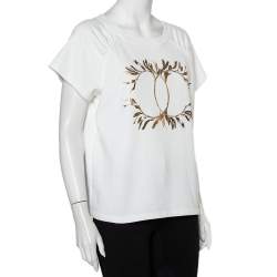 Pre Owned Chanel White Cotton Metallic Logo Detail Round Neck T-Shirt L