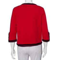 Pre Owned Chanel Red Cashmere Contrast Trim Detail Button Front Cardigan L