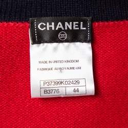 Pre Owned Chanel Red Cashmere Contrast Trim Detail Button Front Cardigan L