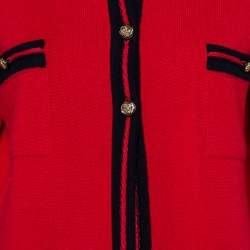 Pre Owned Chanel Red Cashmere Contrast Trim Detail Button Front Cardigan L