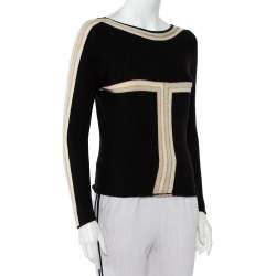 Pre Owned Chanel Black Cashmere Contrast Detail Boat Neck Sweater M