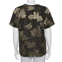 مملوكة مسبقًا Chanel Black & Gold Floral Stretch Jersey Crewneck Top L