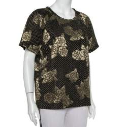 مملوكة مسبقًا Chanel Black & Gold Floral Stretch Jersey Crewneck Top L