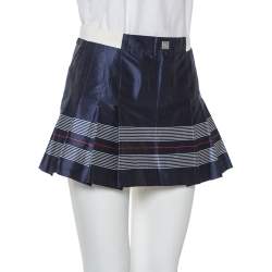 Chanel Navy Blue Cotton & Silk Striped Detail Pleated Tennis Skirt S  