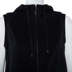 Chanel Black Velour Zip Front Sleeveless Hooded Sweatshirt L