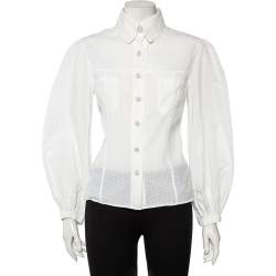 Chanel White Perforated Cotton Button Front Shirt L Chanel