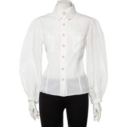 Chanel White Perforated Cotton Button Front Shirt L
