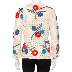 Pre Owned Chanel Off- White Crochet Floral Applique Detail Button Front Cardigan M