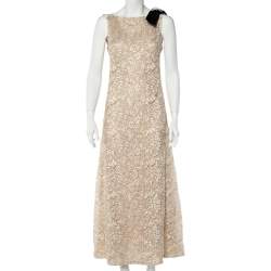 Pre Owned Chanel Cream Lurex Floral Lace Brooch Detail Maxi Dress M