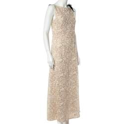 Pre Owned Chanel Cream Lurex Floral Lace Brooch Detail Maxi Dress M