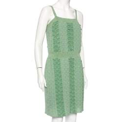 Pre Owned Chanel Green Patterned Lurex Knit Ribbed Trim Short Dress M 