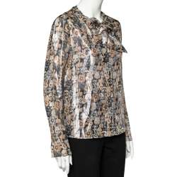 مملوكة مسبقًا Chanel Metallic Cat Printed Silk Neck Tie Detail Shirt M