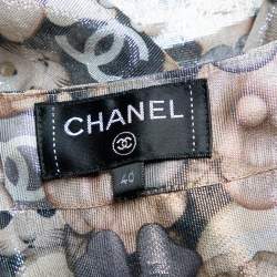 Chanel Metallic Cat Printed Silk Neck Tie Detail Shirt M