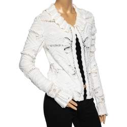 Pre Owned Chanel White Crochet Knit Buttoned Neck Detail Long Sleeve Cardigan M