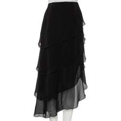 Pre Owned Chanel Black Silk Asymmetrical Tiered Midi Skirt XL