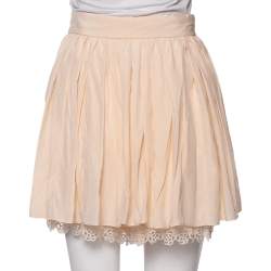 Pre Owned Chanel Peach Silk Pleated Detail Scalloped Hem Layered Shorts M