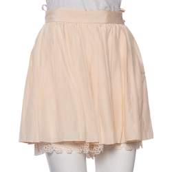 Pre Owned Chanel Peach Silk Pleated Detail Scalloped Hem Layered Shorts M