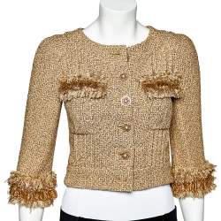 Pre Owned Chanel Gold Lurex Tweed Fringe Detail Button Front Jacket S