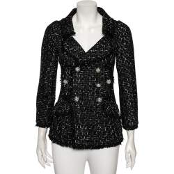 Pre Owned Chanel Black Logo Ribbon Tweed Double Breasted Blazer M