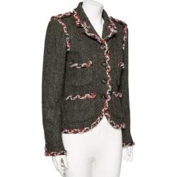 Pre Owned Chanel Grey Herring Wool Contrast Braided Trim Detailed Jacket M