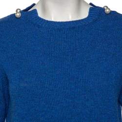 Pre Owned Chanel Blue Cashmere Knit Pearl Detail Sweater M