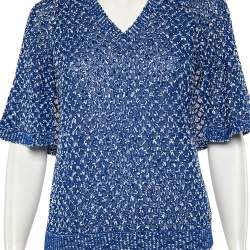 مملوكة مسبقًا Chanel Blue Silk & Cotton Knit Cape Detail V-Neck Top M