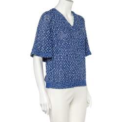 مملوكة مسبقًا Chanel Blue Silk & Cotton Knit Cape Detail V-Neck Top M